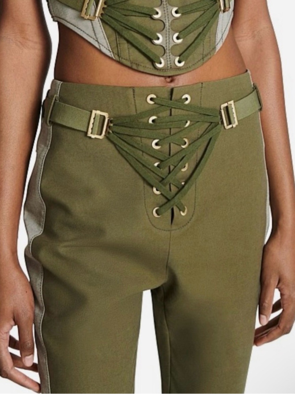 EUC Dion Lee Green Laced Slider Skinny Pants Color Block Gold Zipper